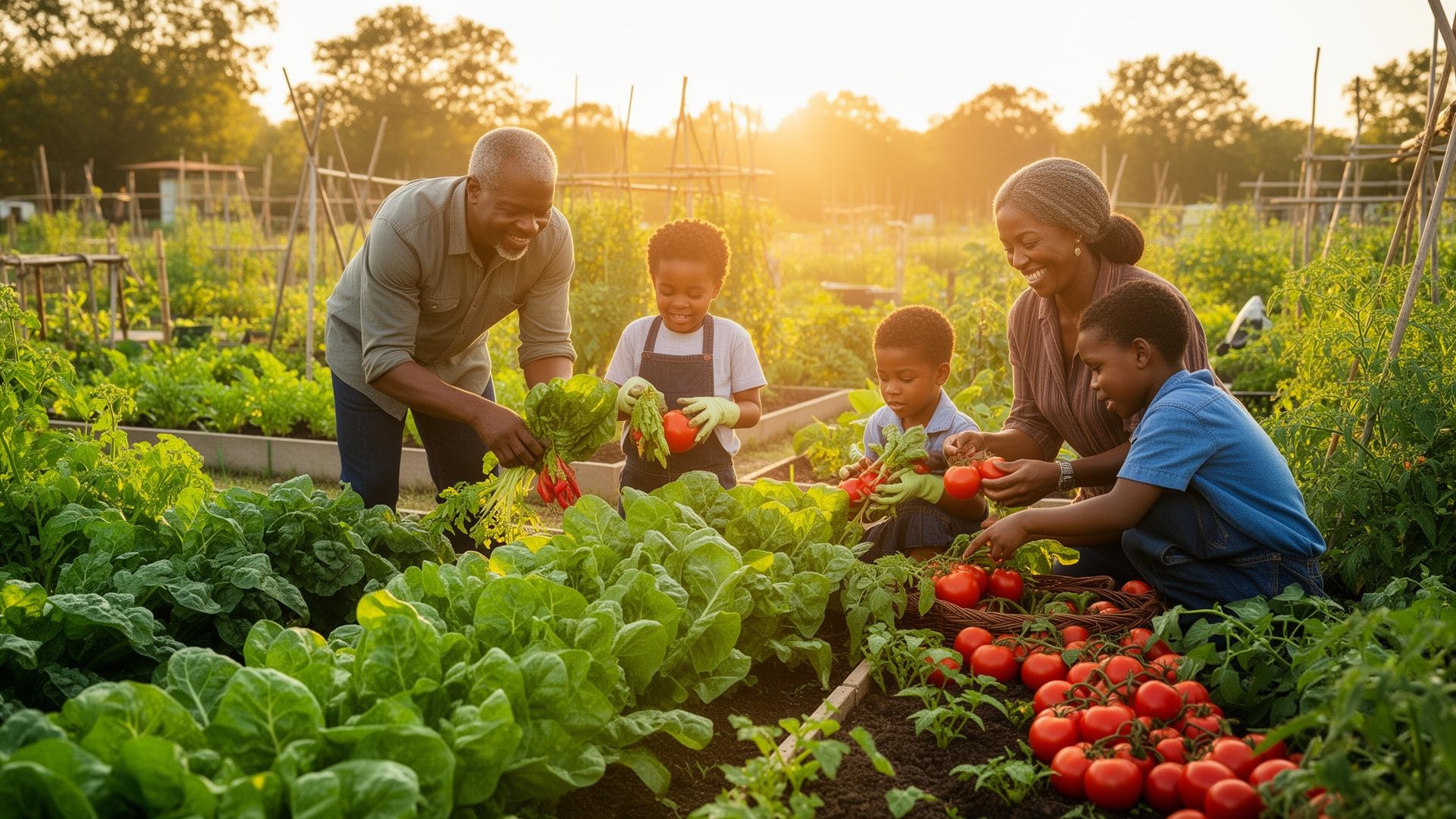 Family harvesting vegetables in a community garden at golden hour